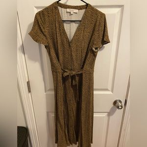 Loft Petite dark tan midi dress. Black detailing in pattern.